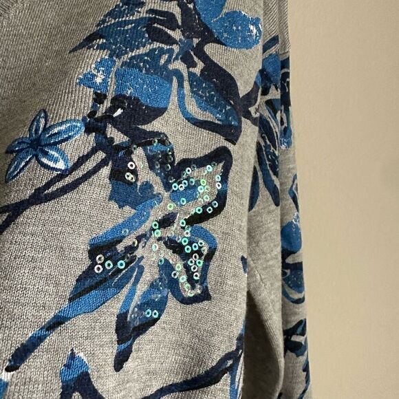 Desigual Gray Pullover Sweater Blue Floral Sequins size Small - Picture 3 of 6